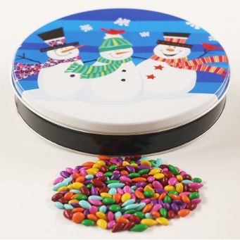 Scott's Cakes Rainbow Mix Chocolate Covered Sunflower Seeds in a Mini Whimsical Snowman Tin