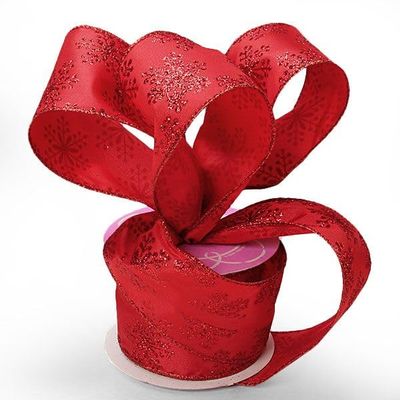 2 1/2" X 10 Yards Red/Red Snowflake Satin Ribbon Christmas