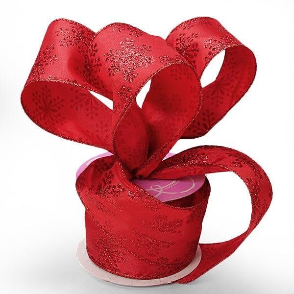 2 1/2" X 10 Yards Red/Red Snowflake Satin Ribbon Christmas