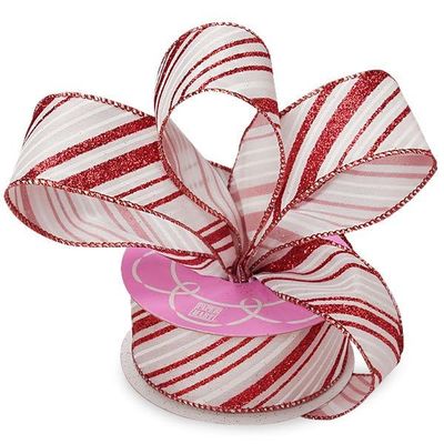 1 1/2" X 10 Yards White/Red Peppermint Stripe Satin Ribbon Christmas