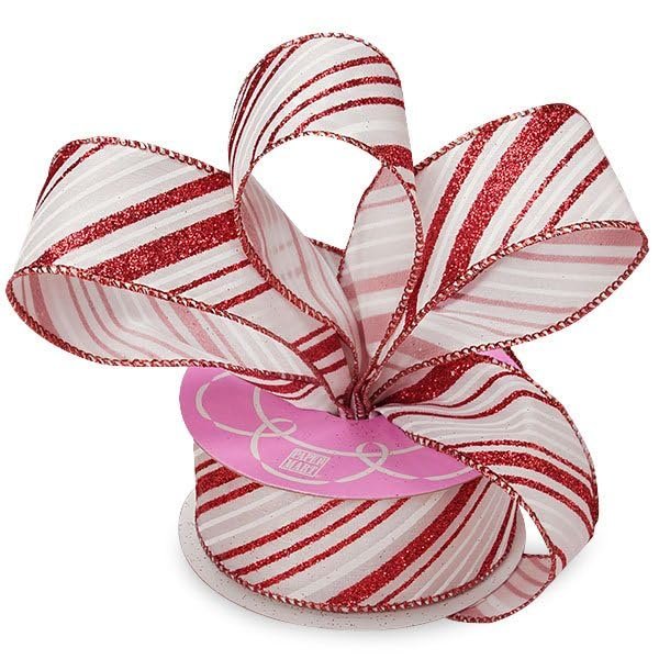 1 1/2" X 10 Yards White/Red Peppermint Stripe Satin Ribbon Christmas