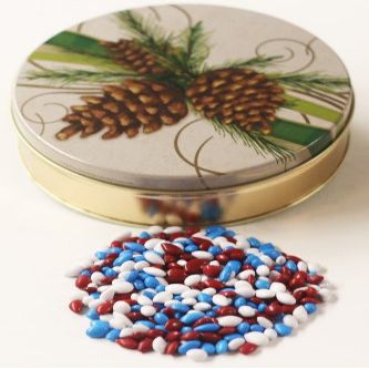 Scott's Cakes Patriotic Mix Chocolate Covered Sunflower Seeds in a Mini Festive Pinecone Tin