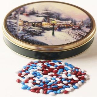 Scott's Cakes Patriotic Mix Chocolate Covered Sunflower Seeds in a Mini Village Christmas Tin