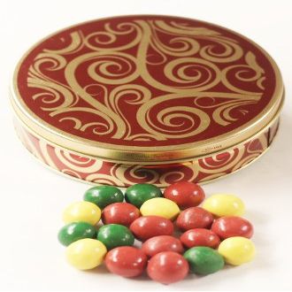 Scott's Cakes Holiday Mix Gourmet Chocolate Malt Balls in a Mini Golden Swirl Tin
