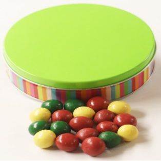 Scott's Cakes Holiday Mix Gourmet Chocolate Malt Balls in a Mini Rainbow Stripes Tin