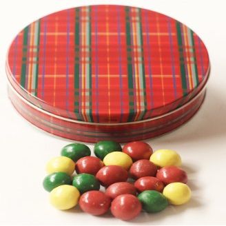 Scott's Cakes Holiday Mix Gourmet Chocolate Malt Balls in a Medium Plaid Tin