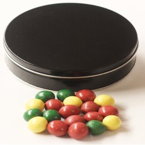 Scott's Cakes Holiday Mix Gourmet Chocolate Malt Balls in a Medium Solid Black Tin