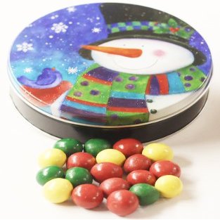 Scott's Cakes Holiday Mix Gourmet Chocolate Malt Balls in a Medium Top Hat Snowman Tin