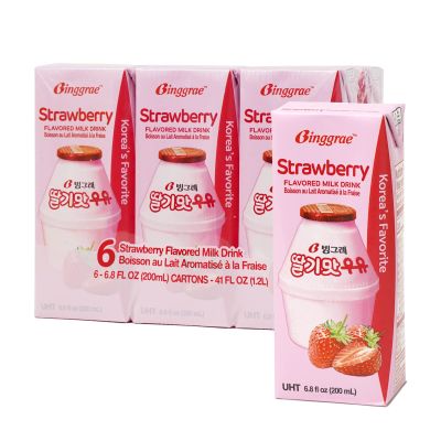 Binggrae Strawberry Flavored Milk Drink  Sweet and Creamy Korean Beverage  Shelf-Stable 6.8 fl oz Cartons  Pack of 6