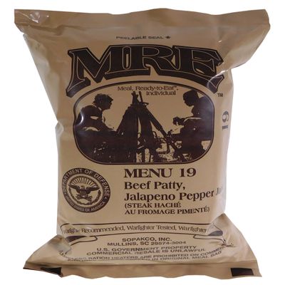 Beef Patty, Jalapeno Pepper Jack MRE Meal - Genuine US Military Surplus Inspection Date 2020 and Up