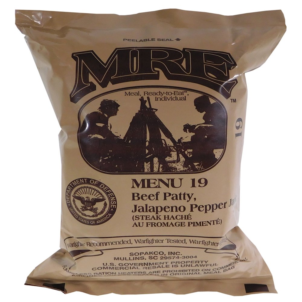 Beef Patty, Jalapeno Pepper Jack MRE Meal - Genuine US Military Surplus Inspection Date 2020 and Up