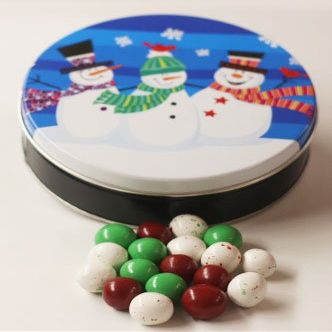 Scott's Cakes Christmas Chocolate Malt Balls in a Medium Whimsical Snowman Tin