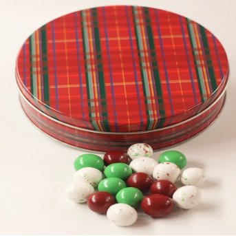 Scott's Cakes Christmas Chocolate Malt Balls in a Medium Plaid Tin