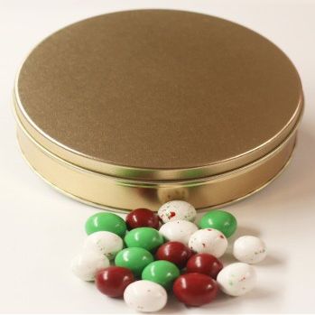Scott's Cakes Christmas Chocolate Malt Balls in a Medium Solid Gold Tin
