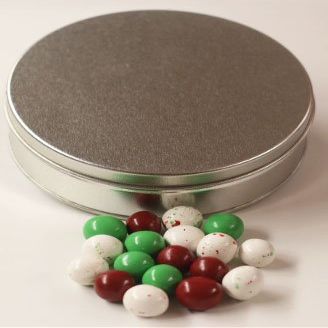 Scott's Cakes Christmas Chocolate Malt Balls in a Medium Solid Platinum Tin