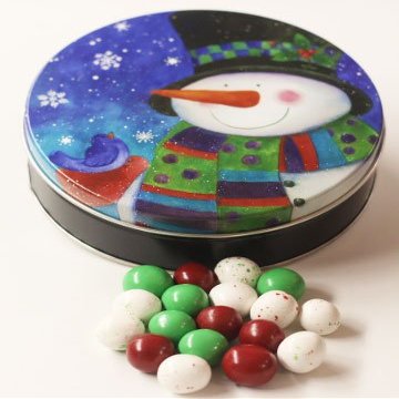 Scott's Cakes Christmas Chocolate Malt Balls in a Medium Top Hat Snowman Tin