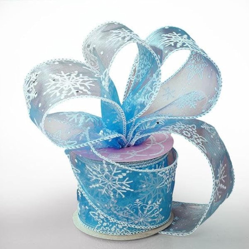 2 1/2" X 10 Yards Light Blue Frozen Snowflake Sheer Ribbon Christmas