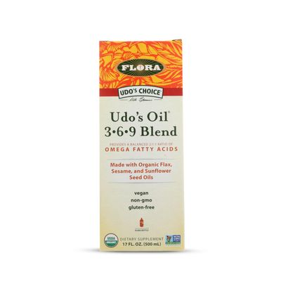 Flora - Udo's Choice Omega 369 Oil Blend, Made with Organic Flax, Sesame & Sunflower Seed Oils, Plant-Based Vegan Omega Fatty Acids, Based on Ideal 2:1:1 Ratio, 17-fl, oz. Glass Bottle