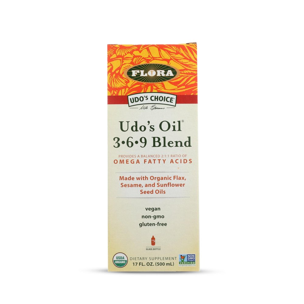 Flora - Udo's Choice Omega 369 Oil Blend, Made with Organic Flax, Sesame & Sunflower Seed Oils, Plant-Based Vegan Omega Fatty Acids, Based on Ideal 2:1:1 Ratio, 17-fl, oz. Glass Bottle