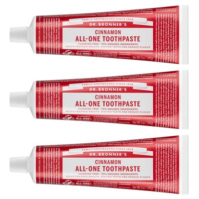 Dr. Bronners All-One Toothpaste Cinnamon, 5 oz, 3-Pack Fluoride-Free Toothpaste for Adults, SLS-Free, 70% Organic & Natural Ingredients, Vegan, Helps Freshen Breath, Reduce Plaque, Whiten Teeth