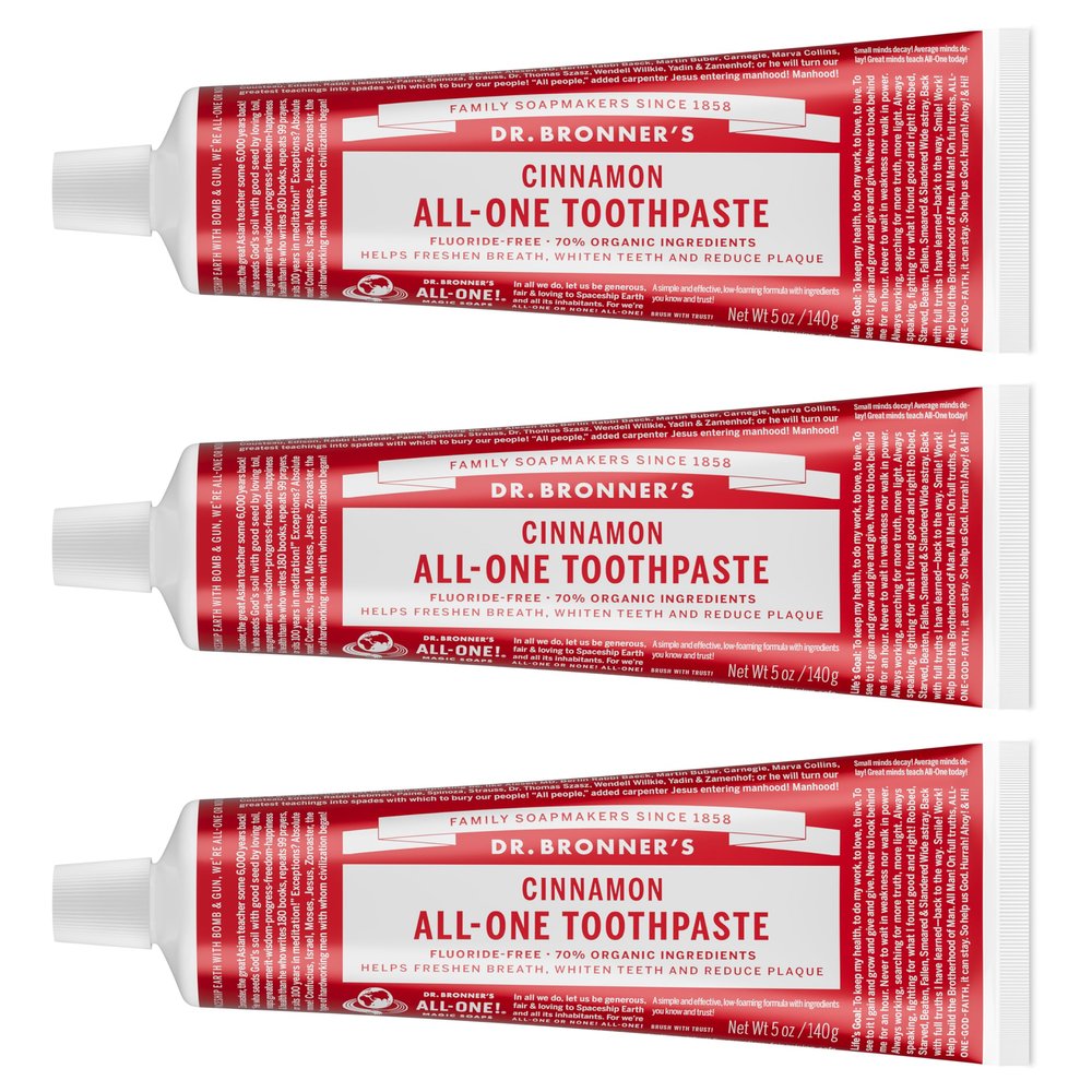 Dr. Bronners All-One Toothpaste Cinnamon, 5 oz, 3-Pack Fluoride-Free Toothpaste for Adults, SLS-Free, 70% Organic & Natural Ingredients, Vegan, Helps Freshen Breath, Reduce Plaque, Whiten Teeth