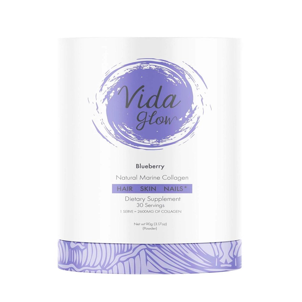 Vida Glow 100% Natural Marine Collagen Blueberry Flavor (30 x 3 Gram Servings)