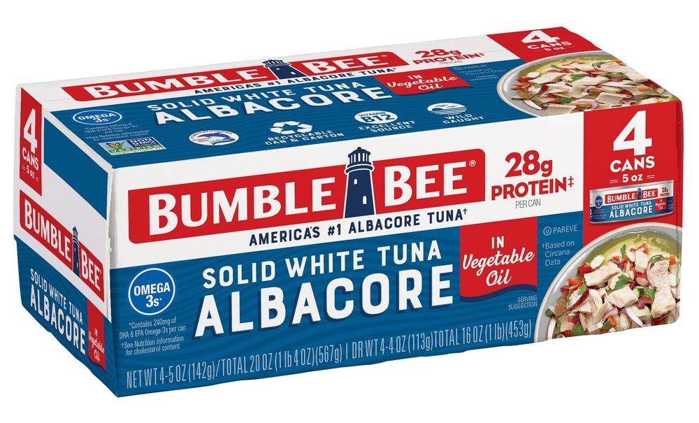 Bumble Bee Solid White Albacore Tuna in Oil, 5 oz Can (Pack of 4) - Wild Caught Tuna - 28g Protein per Serving, High in Omega-3s - Non-GMO Project Verified, Gluten Free, Kosher