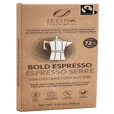 Jelina Chocolatier | 8 Pack 72% Dark Chocolate Espresso Bar | Fair Trade Chocolate Bars | Imported, Non-GMO, Natural Chocolates - 3.52oz Each