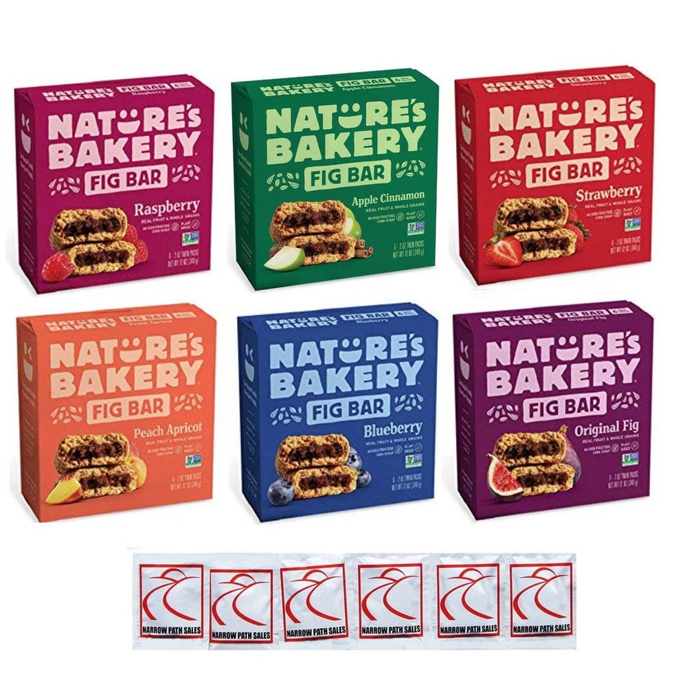 Nature's Bakery Fig Bars Variety Pack. Bundle of 6 Boxes with 36 Individually Wrapped Bars. Flavors Include: Blueberry; Strawberry; Peach; Raspberry; Apple Cinnamon; Original Fig. Gift Box.