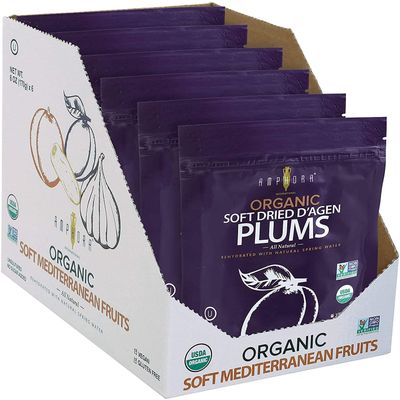 Amphora All Natural Organic Soft Dried Plums gluten free vegan health snack dried fruit, 6 Oz Each ( Pack of 6)