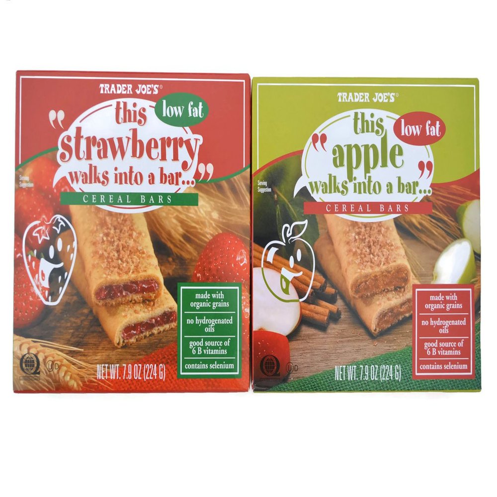 Trader Joe's "Walks Into a Bar" Cereal Bar Bundle - 2 Items: (1) 6 Bar Box of Strawberry and (1) 6 Bar Box of Apple (12 Bars Total)