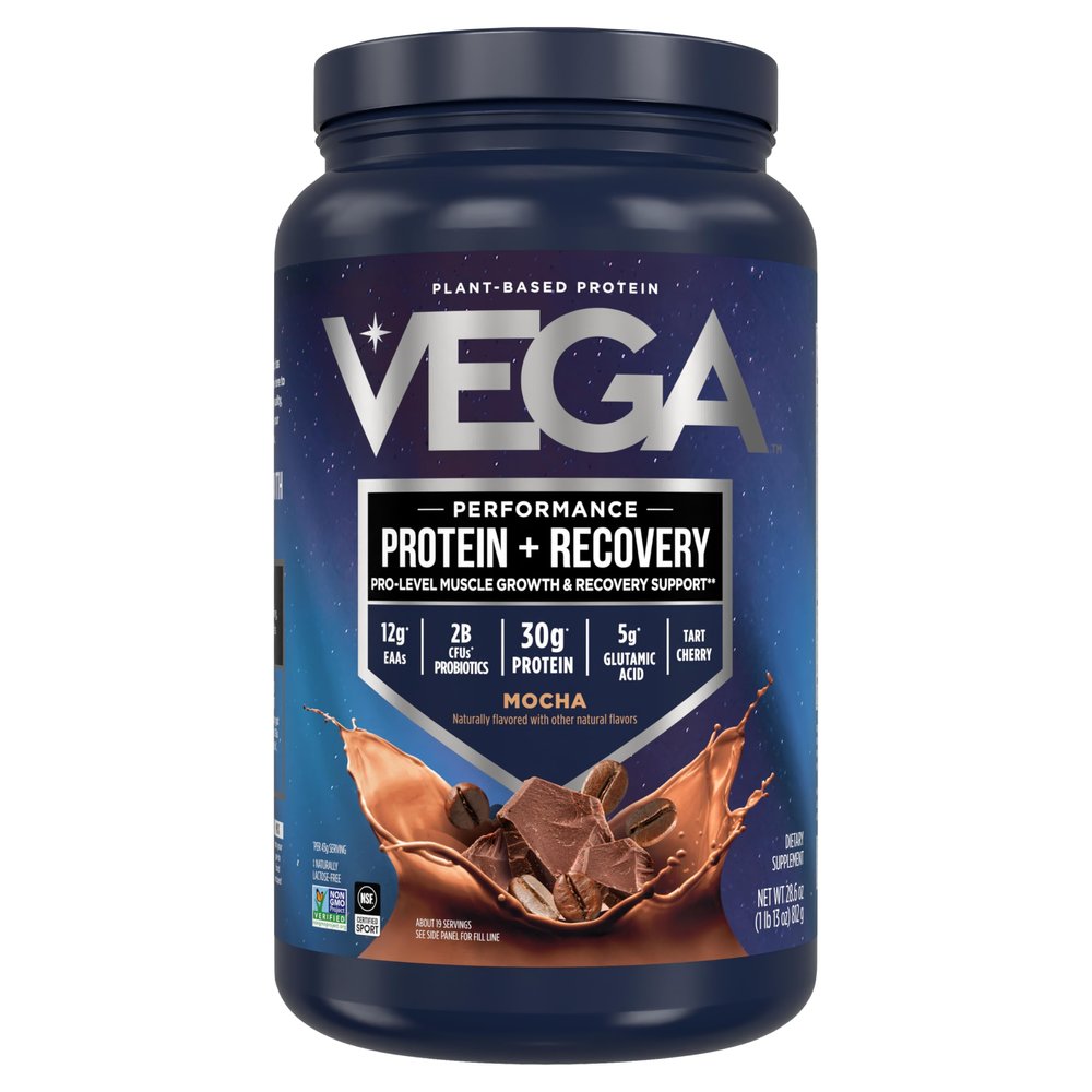 Vega Sport Vegan Protein Powder + Recovery - 30g Plant Based Protein per Serving, Mocha, 19 Servings, 5g BCAAs, Probiotics, NSF Certified, for Shakes & Smoothies, 1.8lbs (Packaging May Vary)