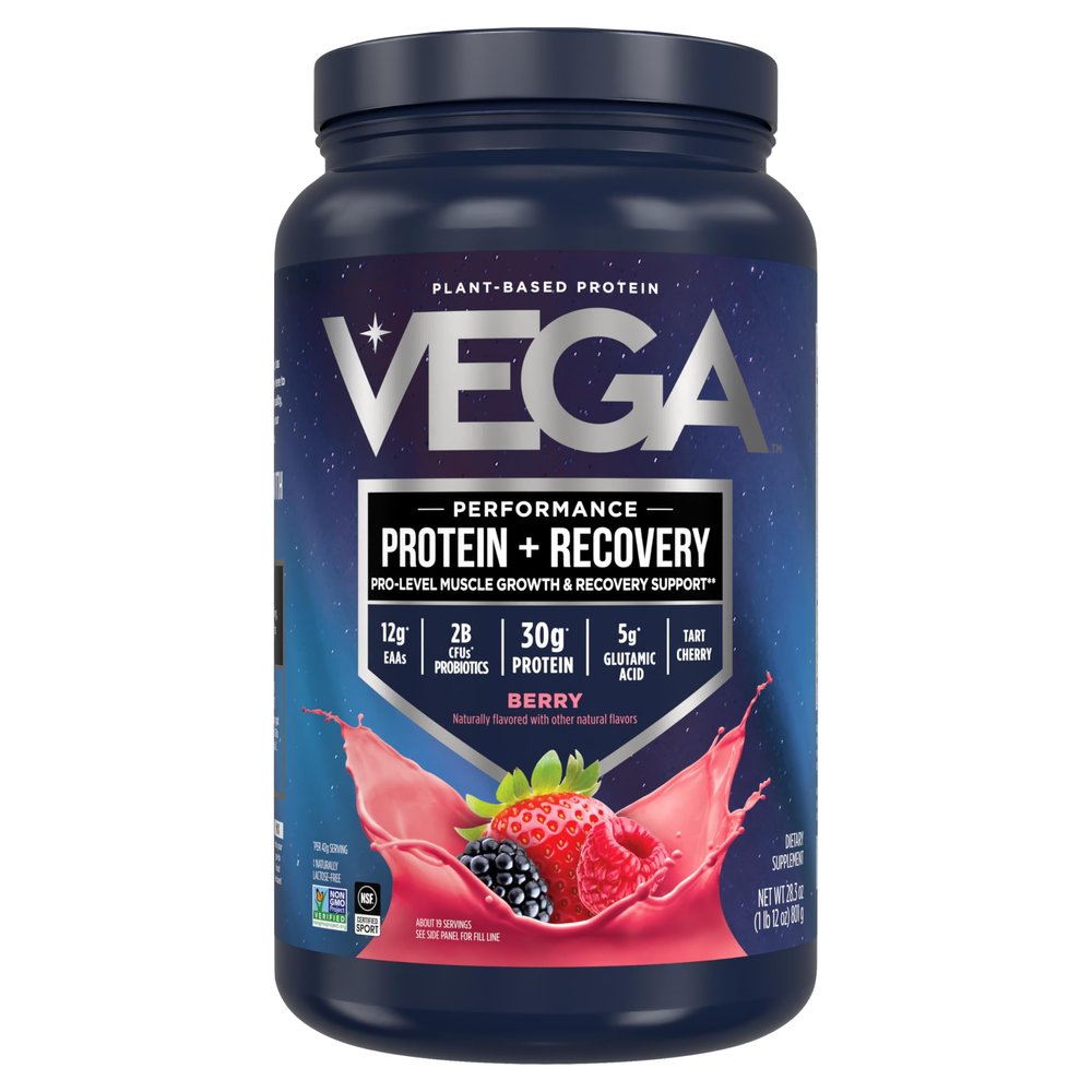 Vega Sport Vegan Protein Powder + Recovery - 30g Plant Based Protein per Serving, Berry, 19 Servings, 5g BCAAs, Probiotics, NSF Certified, for Shakes & Smoothies, 1.8lbs (Packaging May Vary)