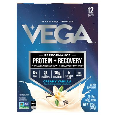 Vega Protein + Recovery - 30g Plant-Based Protein per Serving, Vanilla, 12 x 1.6oz Sachets, 5g BCAAs, Probiotics, NSF Certified, for Shakes & Smoothies, (Packaging May Vary)