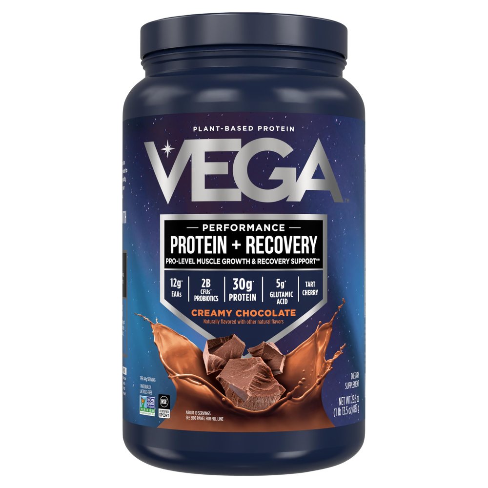Vega Sport Vegan Protein Powder + Recovery - 30g Plant Based Protein per Serving, Chocolate, 19 Servings, 5g BCAAs, Probiotics, NSF Certified, for Shakes & Smoothies, 1.8lbs (Packaging May Vary)