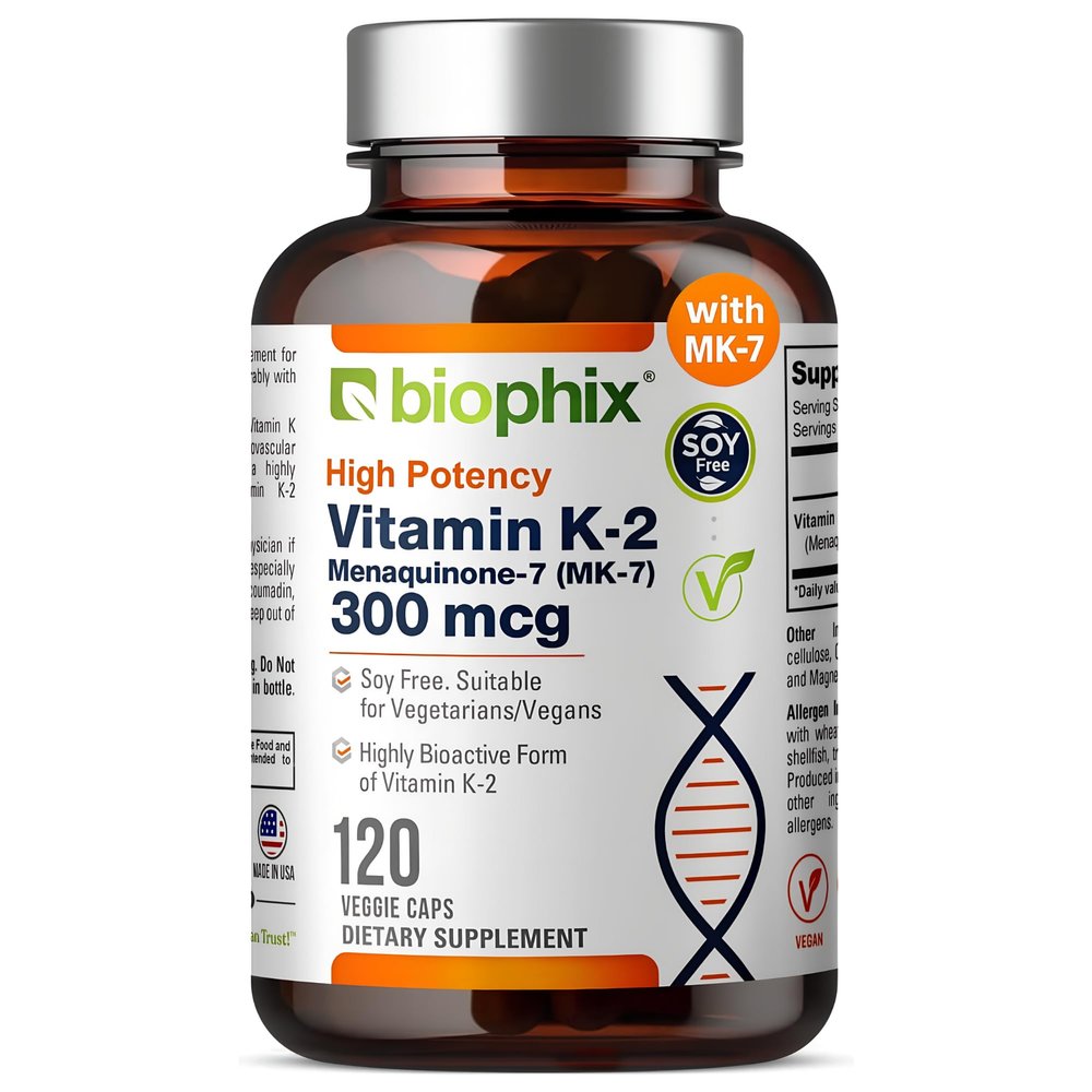 biophix Vitamin K2 MK-7 300mcg, 120 Vegan Capsules  High-Potency Supplement for Bone Strength and Immune Health