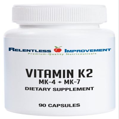 Relentless Improvement Natural Vitamin K2 MK4 Plus Vitamin K2 MK7 High-Potency 15,000mcg MK-4 + 60mcg MK-7 Supports Bone and Arterial Health Vegi-Capsules Soy-Free