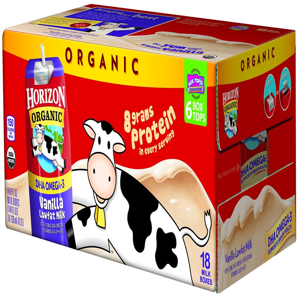 Horizon Organic Low Fat Organic Milk Box Plus DHA Omega-3, Vanilla, 8 Ounce (Pack of 18)