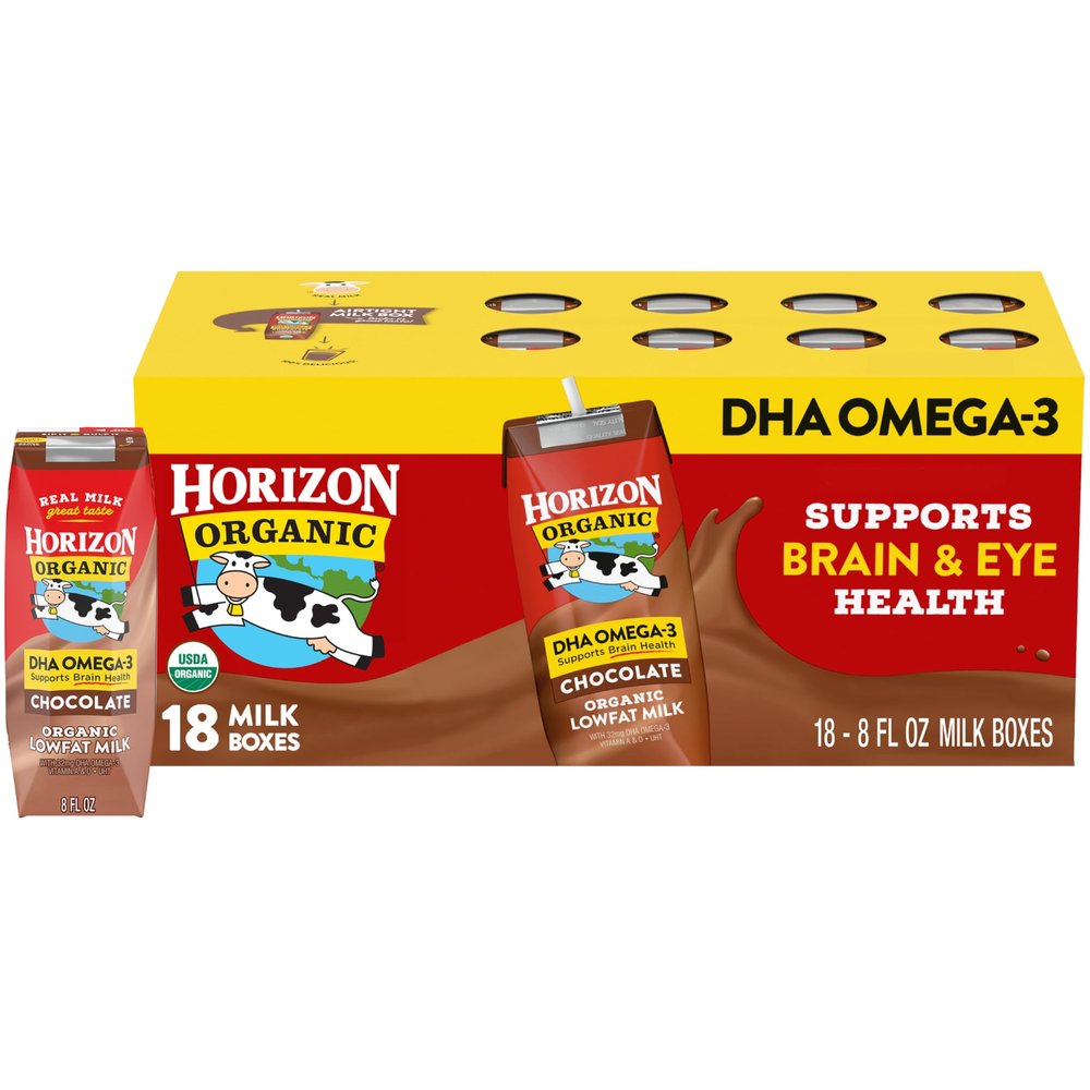 Horizon Organic Shelf Stable 1% Lowfat DHA Omega-3 Chocolate Milk Boxes, 8 fl oz, 18 Count - 8g Protein per Serving, USDA Organic, Ready to Drink for Lunchbox, Travel, or On-the-Go, No Refrigeration Needed