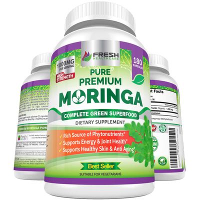 FRESH HEALTHCARE Moringa Capsules  100% Pure Leaf Powder - 180 Pills, Non-GMO - 3 Month Supply - Complete Green Superfood for Energy, Skin, Immune & Gut Health Support