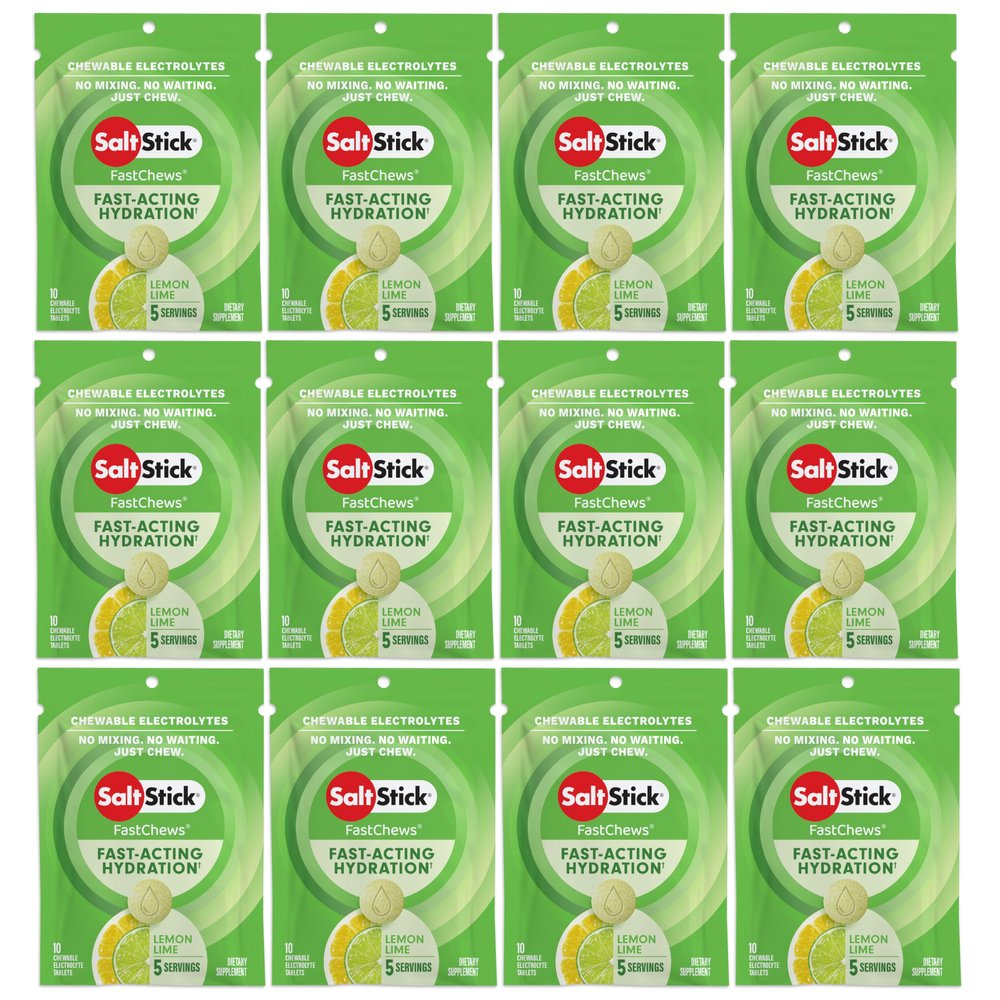 SaltStick Electrolyte FastChews Chewable Tablets, Lemon Lime, 120 count, 12 packets of 10 tablets each