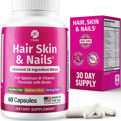 1 Body Hair Skin and Nails Vitamins with Biotin  Hair Growth Supplement for Women & Men with 26 Vitamins, Minerals & Herbal Extracts  Stronger Hair, Healthy Skin & Nails  60 Vegan Capsules