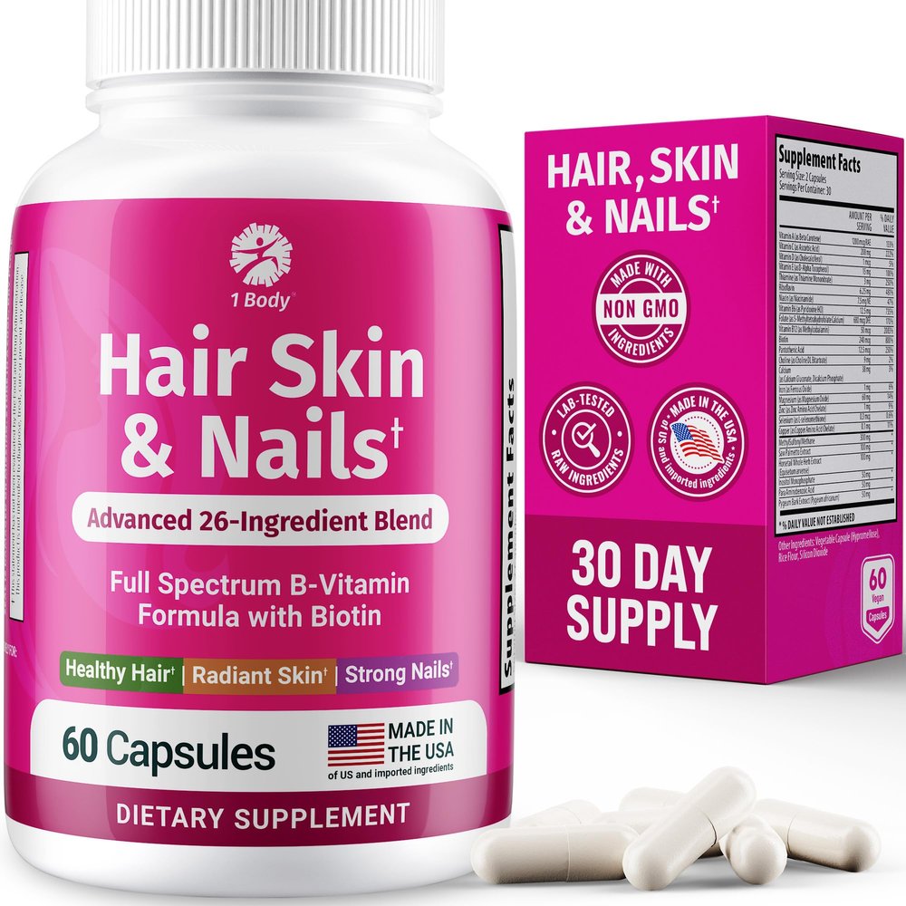 1 Body Hair Skin and Nails Vitamins with Biotin  Hair Growth Supplement for Women & Men with 26 Vitamins, Minerals & Herbal Extracts  Stronger Hair, Healthy Skin & Nails  60 Vegan Capsules