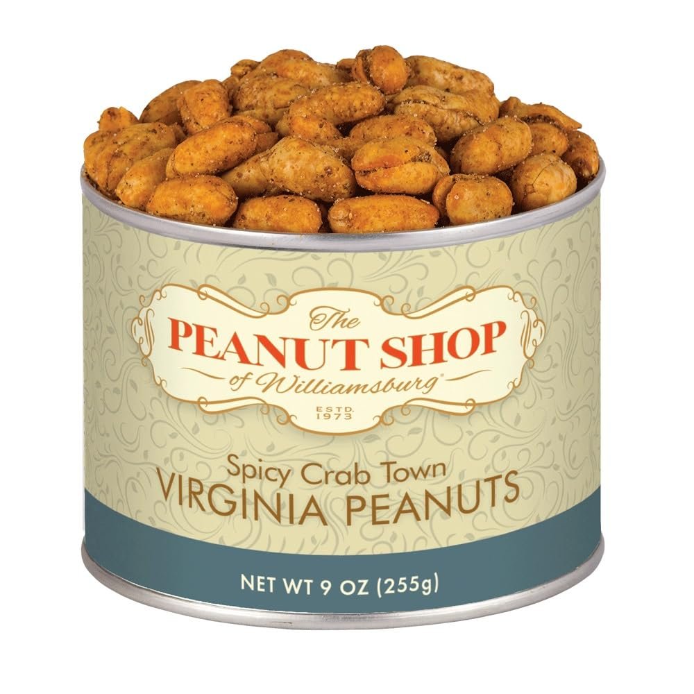 The Peanut Shop of Williamsburg Williamsburg Peanuts Crab Town seasoning, Lightly Salted Large Virginia Peanuts, Hand Cooked, Gluten Free - 9 Oz Tin