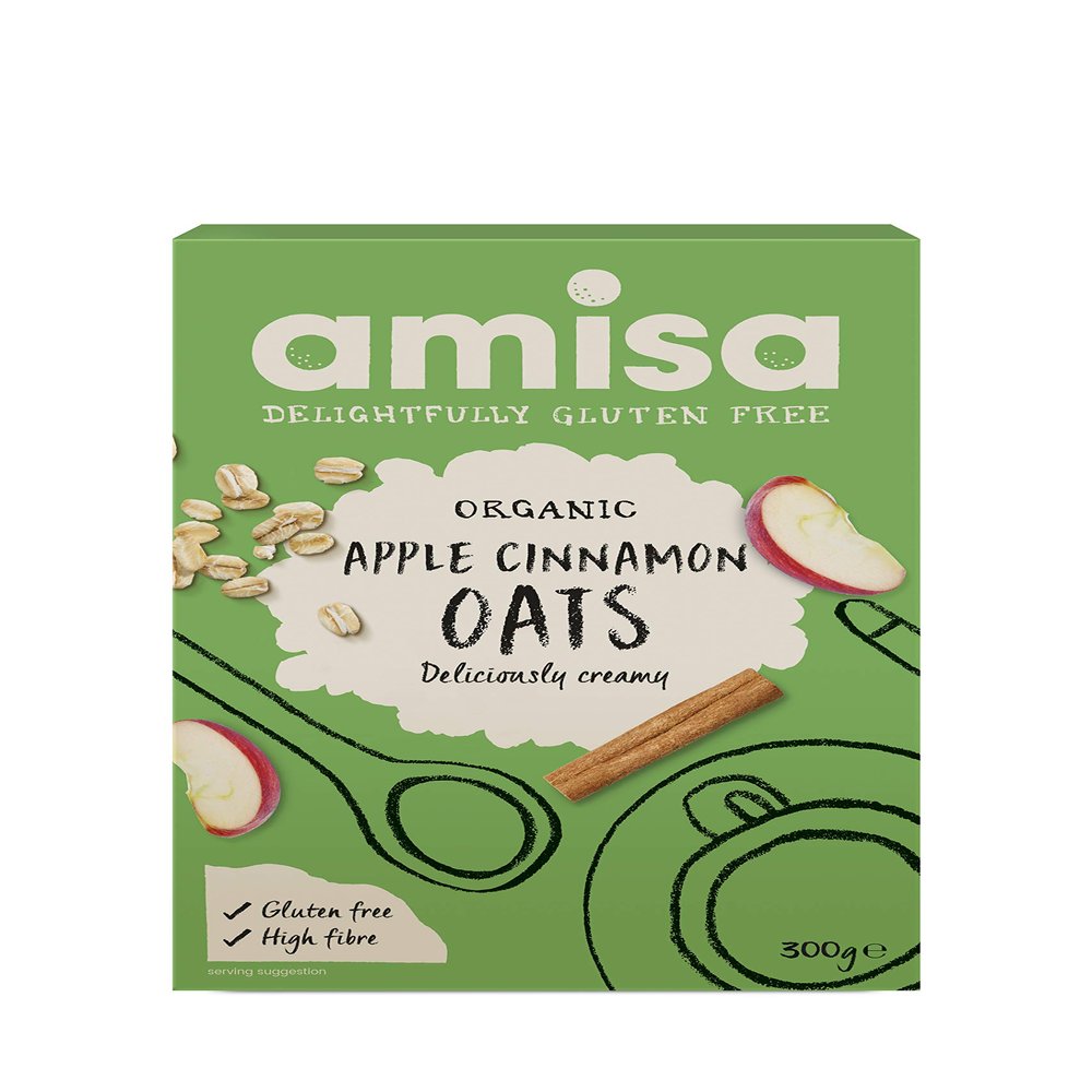 Amisa Organic Gluten Free Pure Porridge Oats Apple & Cinnamon Spice 300g - Pack of 2