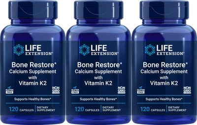 Life Extension Bone Restore Calcium Supplement with Vitamin K2, 120 Capsules (Pack of 3)