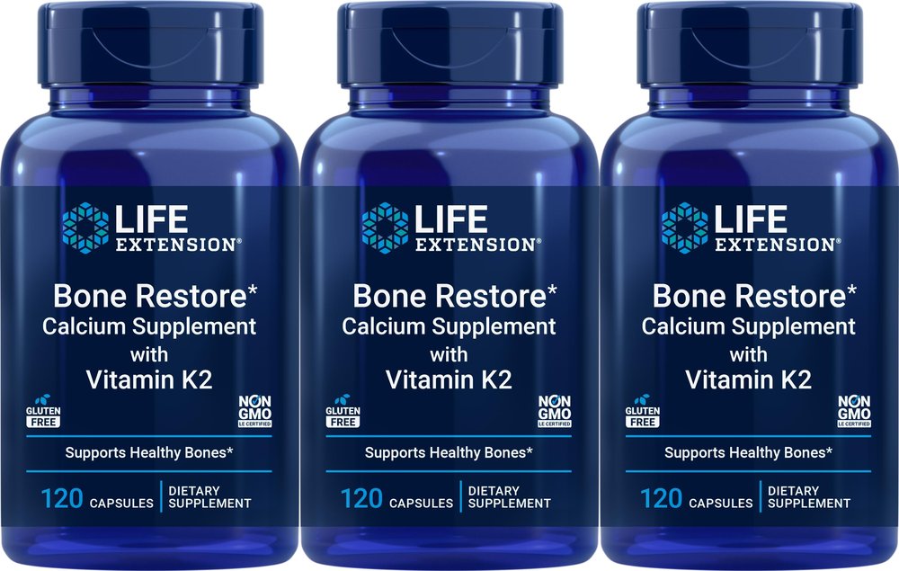 Life Extension Bone Restore Calcium Supplement with Vitamin K2, 120 Capsules (Pack of 3)