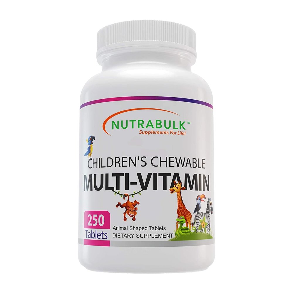 NutraBulk Childrens Chewable Multi-Vitamins - Promoting Kids' Overall Development - USA-Made, May Help to Support Immune, Bone, Brain & Overall Well Being- Vegan & Gluten Free - 250 Cherry Tablets