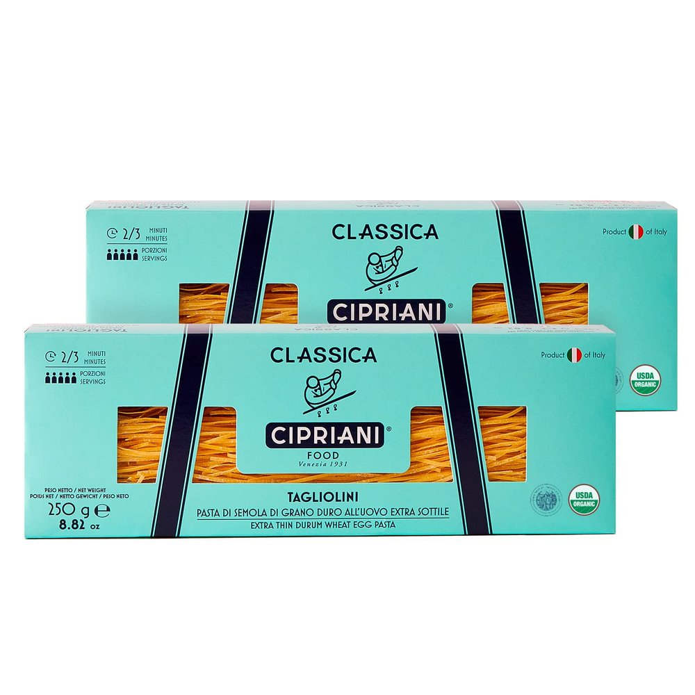 Cipriani Food Tagliolini Egg Pasta Noodles - USDA Organic Italian Pasta, Extra Thin Egg Noodle from Italy, Non-GMO & Kosher - 250 Gram (Pack of 2)