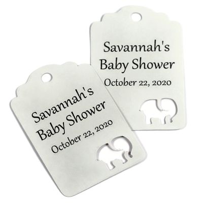 Personalized Baby Shower Thank You Tags with Elephant Cut Out, Set of 12 (Light Grey)